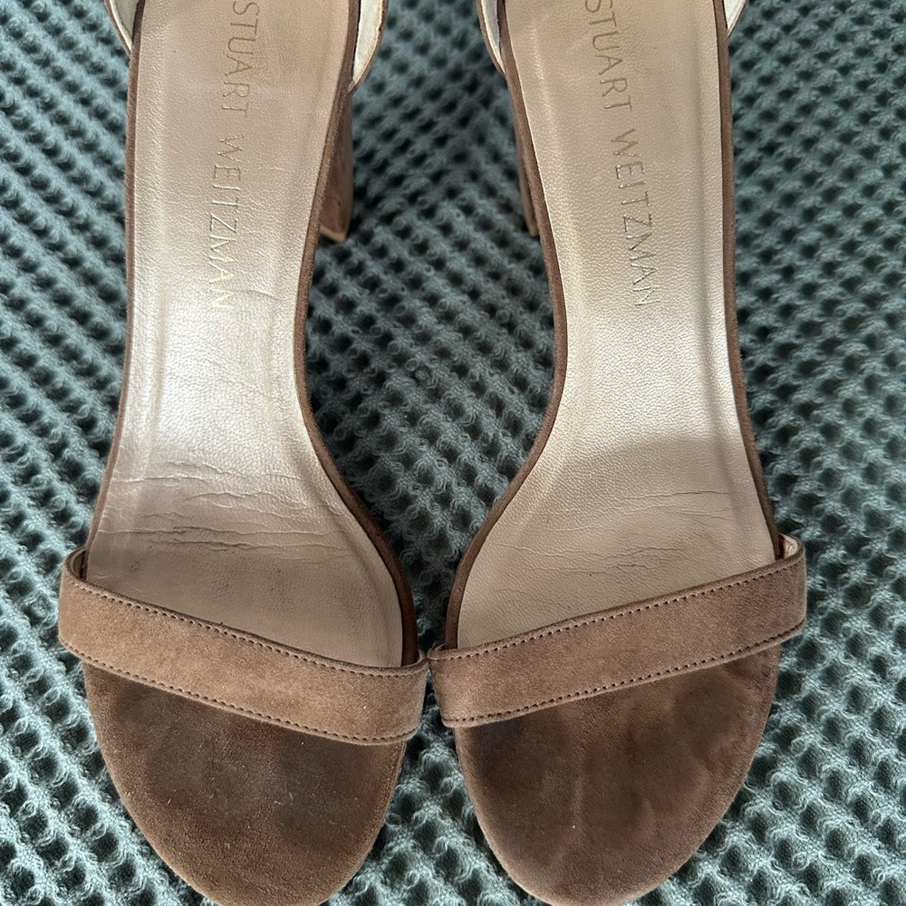 Stuart Weitzman Brown/Tan Suede Open-Toe Ankle-Strap Heels - Picture 5 of 11